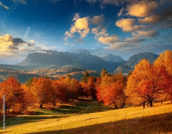 Fototapeta Beautiful Landscape with Trees and Majestic Autumn Clouds