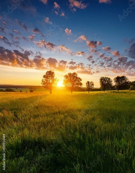 Fototapeta Colorful Sunset Sky Over Green Field and Grass With Silhouette in Evening Wild Landscape
