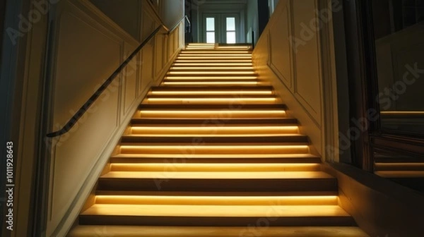 Fototapeta Illuminated Staircase in Large House - AI Generated