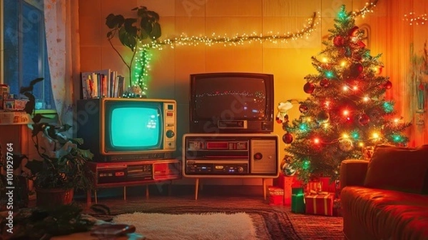 Fototapeta A cozy 90s Christmas living room with a retro TV, VHS tapes, and a decorated tree with tinsel and bright lights, capturing the nostalgic holiday vibe of the era.