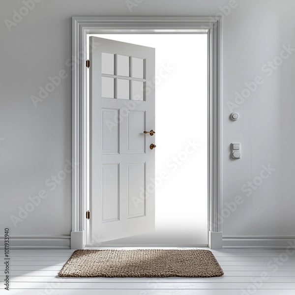 Fototapeta Open modern door,  symbolizing endless opportunity, possibility, career. Cut out, png, isolated, add your own background. Semi transparent glass. Faint shadow under door for 3d effect