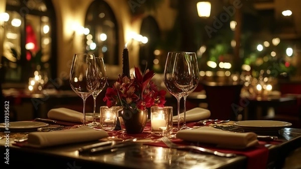 Fototapeta Immerse yourself in the opulent ambiance of a bustling restaurant. The warm glow of candles and delicate blooms create a cozy atmosphere for a luxurious dining experience.