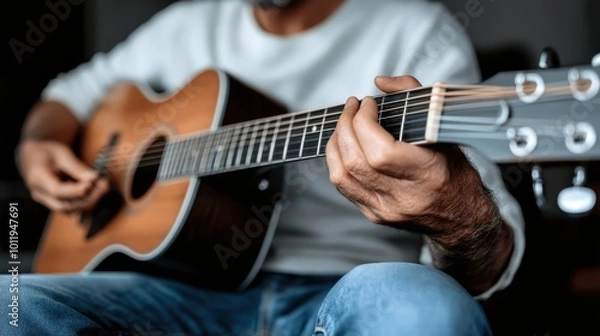 Fototapeta Close-up image capturing a man playing an acoustic guitar with precision and focus, dressed in casual attire and sitting indoors in a relaxed and serene environment.