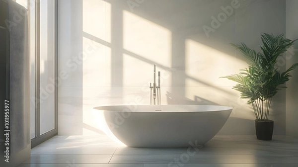 Fototapeta Interior with a modern bathtub in white tones with sunlight streaming in through the window.