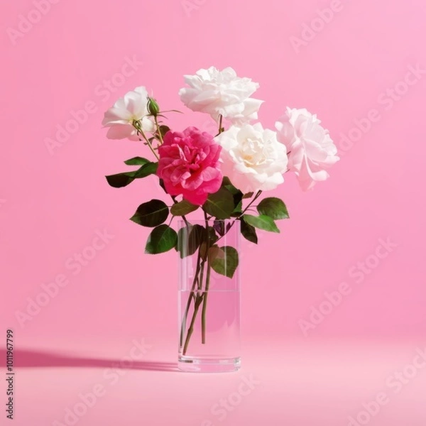 Obraz a vase with white and pink roses on a pink background