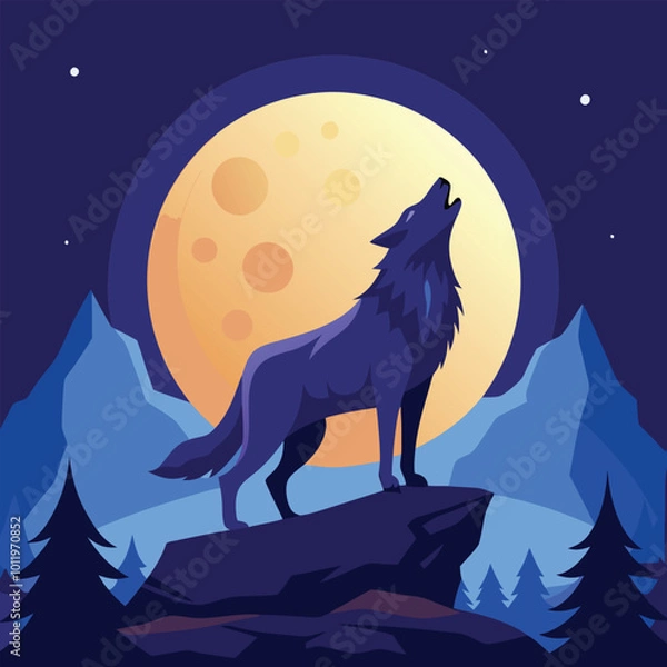 Obraz Wolf howling vector illustration at the midnight moon