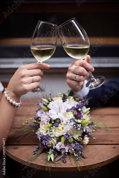 Obraz bride and groom holding glasses of champagne