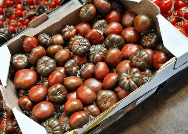 Fototapeta Red ripe tomatoes in cardboard boxes.