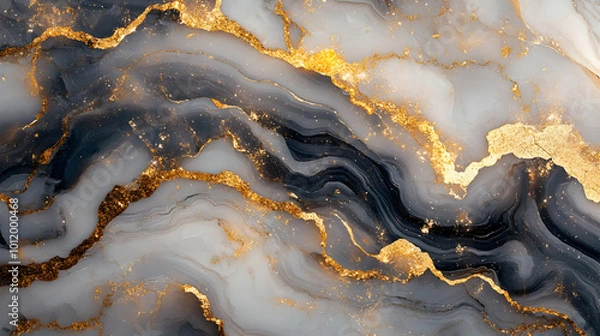 Fototapeta Abstract Black and White Swirls with Golden Glitter Background