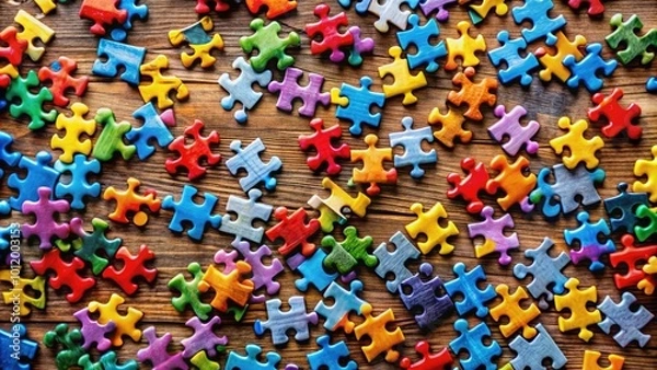 Fototapeta Colorful jigsaw puzzle pieces scattered on a wooden table, showcasing vibrant patterns and shapes