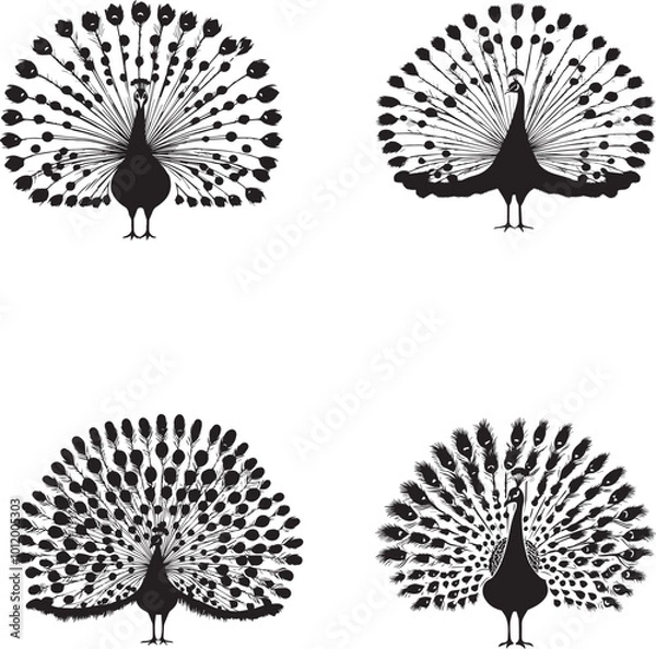 Obraz Peacock set Black silhouette on white background 
