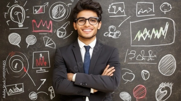 Fototapeta A confident young professional in a suit and glasses stands with crossed arms by a chalkboard filled with business graphs and creative ideas, radiating positivity