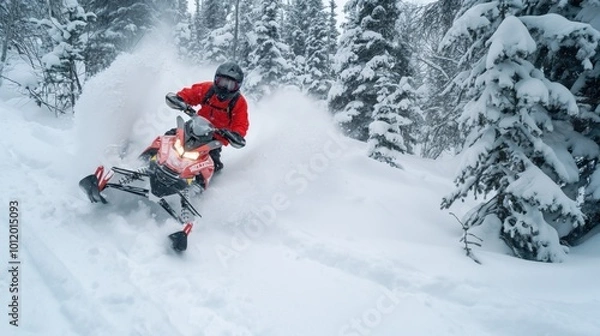 Fototapeta A rider speeds through freshly fallen snow on a snowmobile, creating clouds of snow powder amid tall evergreen trees in a winter landscape