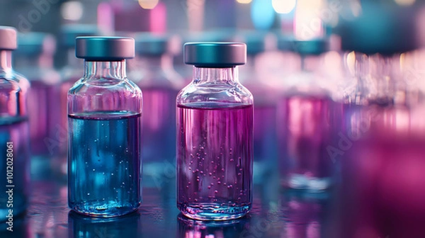 Fototapeta Close-Up of Glass Vials with Blue and Pink Liquid - Realistic Image