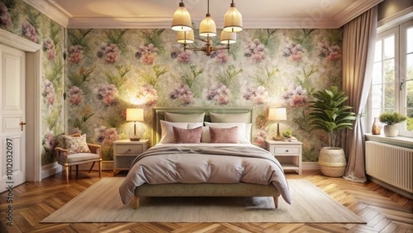 Fototapeta Cozy and Inviting Bedroom Wallpaper Design Featuring Soft Colors and Warm Textures for Relaxation