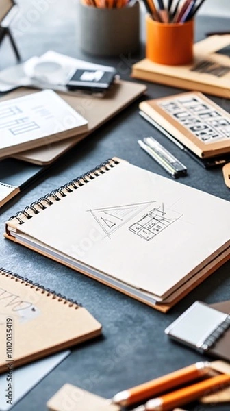 Fototapeta A spiral notebook with a hand-drawn design on a desk with other stationery.