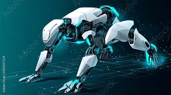 Fototapeta A white robotic creature in a starting position, with glowing blue lines extending from its body.