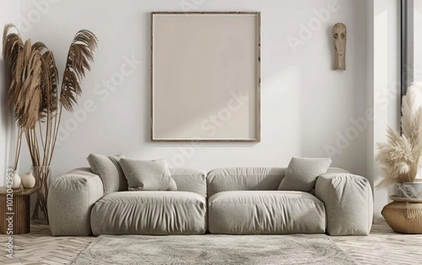 Fototapeta A couch with pillows and a Blank horizontal poster frame mock on the wall