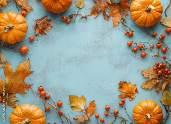 Obraz Autumn background with pumpkins, leaves, and berries on a light blue pastel color background, top view. Greeting card for a happy, cozy concept. Copy space banner. Autumn composition.