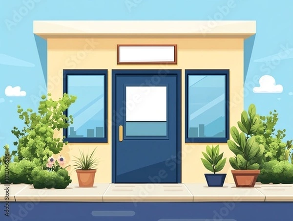 Fototapeta Charming small shop with a blue door and large windows surrounded by potted green plants under a clear blue sky, perfect for cityscape imagery.
