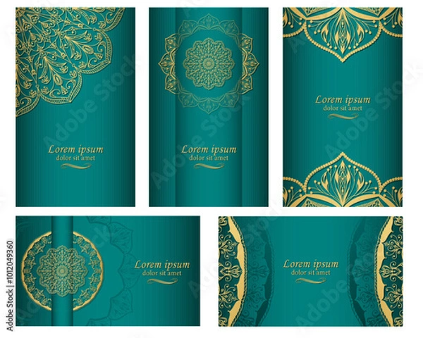 Obraz Mandala, gold ornament on green rectangular background. Set of five backgrounds with ethnic patterns. Postcard, invitation, label Illustrator Artwork