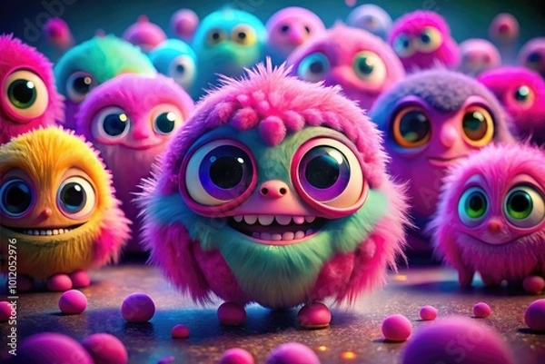 Obraz Cute and Playful Pink Monsters with Big Eyes and Funny Expressions on a Colorful Background