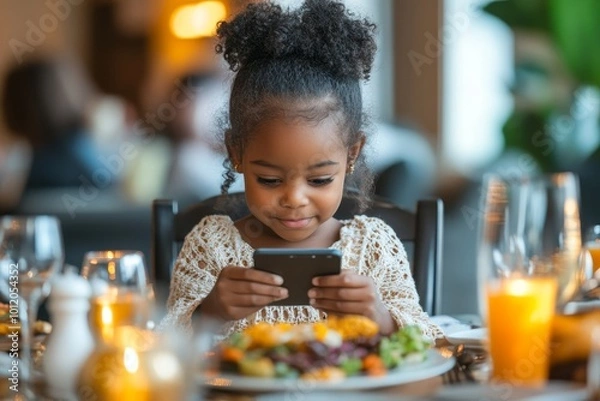 Fototapeta Portrait of little Black girl using smartphone at dinner table while eating at home with family, Generative AI