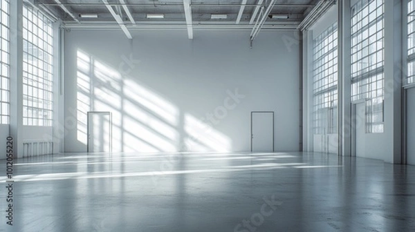 Fototapeta Empty white warehouse interior with doors and blank wall, Generative AI