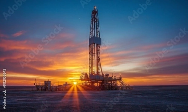Obraz Oil drilling derrick, desert oilfield on sunrise. Crude oil production. Dramatic lighting. Petroleum production. Commodities price drop off. Generative AI