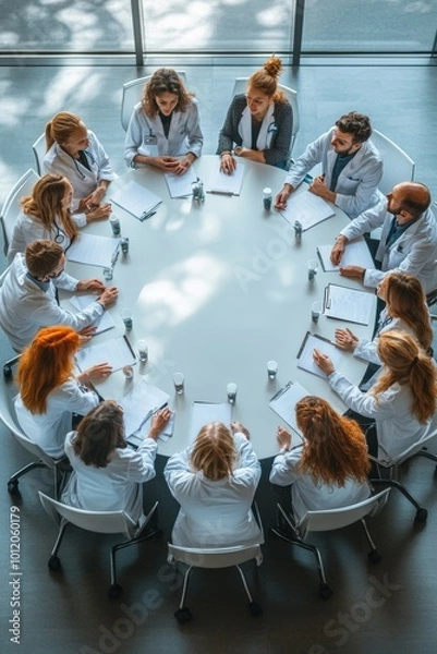 Obraz High angle angle view at group of doctors sitting round table during medical council or conference in clinic, copy space, Generative AI