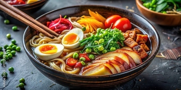 Obraz Delicious bowl of ramen with fresh ingredients, rich broth, and colorful toppings on a wooden table