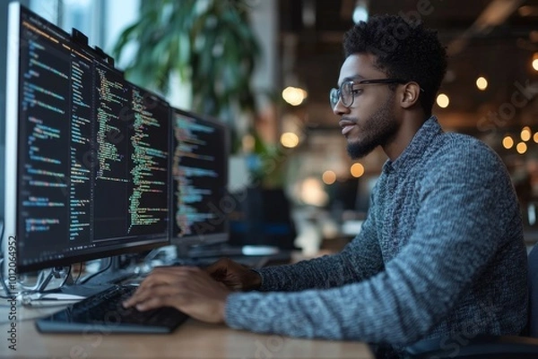 Fototapeta Side view of young African American software developer typing on keyboard while writing code for application in modern office, copy space, Generative AI