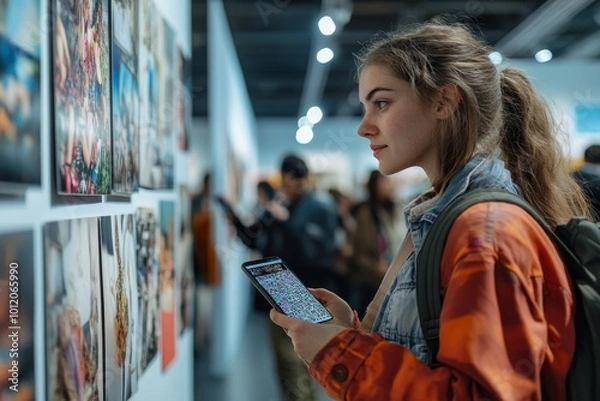Fototapeta Unrecognizable people scanning QR code using smartphones to get more information about photo on wall at exhibition, Generative AI