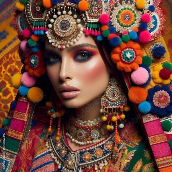 Obraz "Cultural Fusion Fashion"
 "Fashion photography blending traditional attire with modern designs, celebrating the global fusion of cultures through colorful and vibrant clothing." T