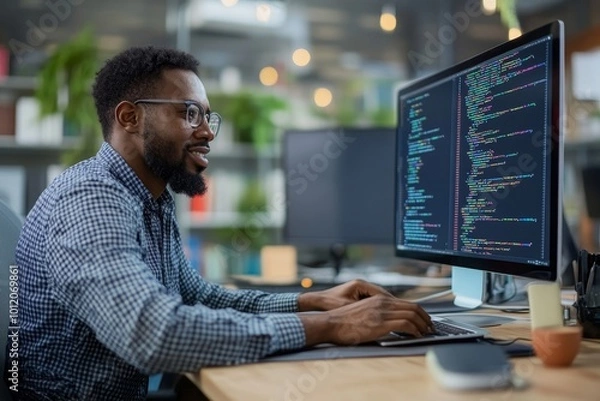Fototapeta High-angle cropped shot of male African American employee in IT company typing on keyboard writing program code while sitting at working desk in, Generative AI
