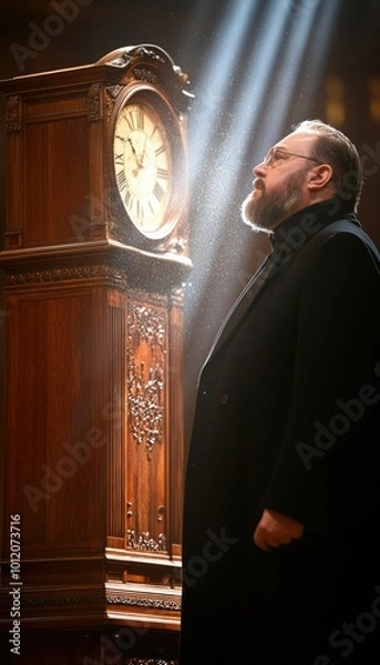 Obraz A man in a dark coat gazes thoughtfully at an ornate grandfather clock illuminated by beam of light