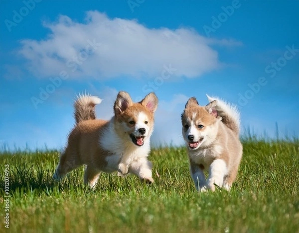Fototapeta 広い草原で元気いっぱいに駆け回る子犬たち。風を切りながら走り、耳や尻尾が揺れる姿は無邪気で愛らしく、青い空と緑の草のコントラストが爽やかな印象を抱く。