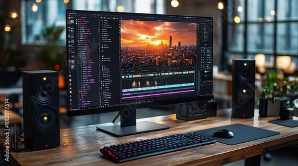 Fototapeta Wide angle shot of a computer monitor displaying video editing software on wooden desk with a keyboard