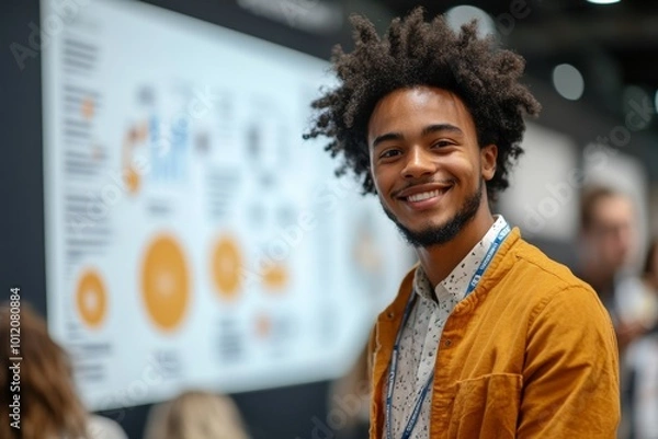 Obraz Cheerful confident young black student with Afro hairstyle standing in convention center room and presenting his startup project at conference, Generative AI