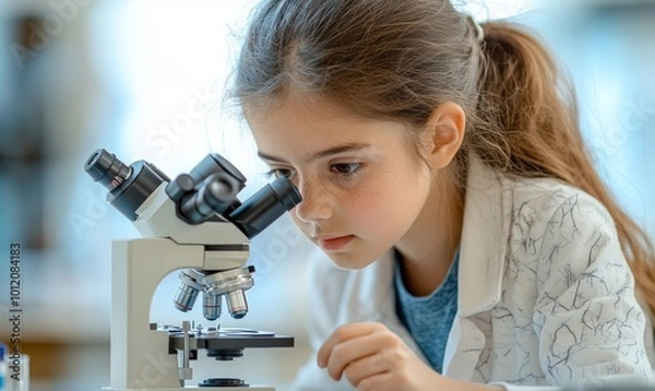 Fototapeta A girl using a microscope in a classroom setting, focused on science education, with a blurred background. Generative AI