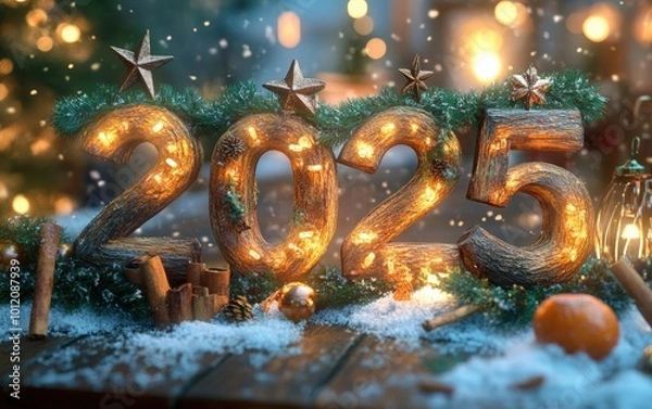 Fototapeta "2025" made from carved logs and decorated with green garlands and natural elements like dried oranges, cinnamon sticks, and star-shaped wooden ornaments.