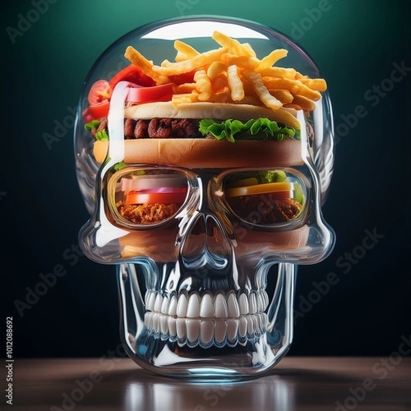 Fototapeta caveira de vidro transparente preenchida com alimentos de fast food, conceito saúde