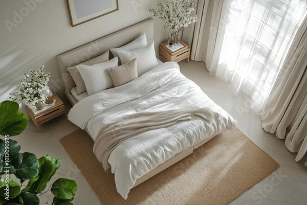 Fototapeta Contemporary white bedroom with beige bed. Top view, Generative AI