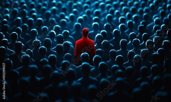 Fototapeta A red silhouette of a person standing out in a crowd of blue silhouettes, representing a leader being different from others. Generative AI