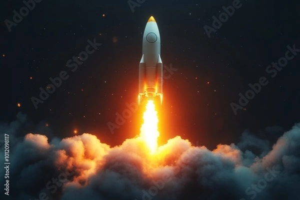 Fototapeta Rocket Launching Into Space With Fire Trail.