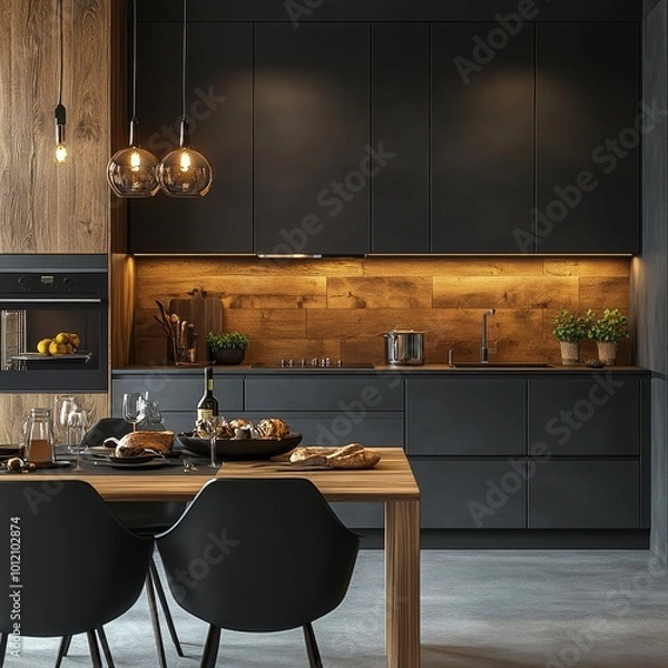 Fototapeta Home kitchen interior with eating table and cooking cabinet. Panoramic window, Generative AI