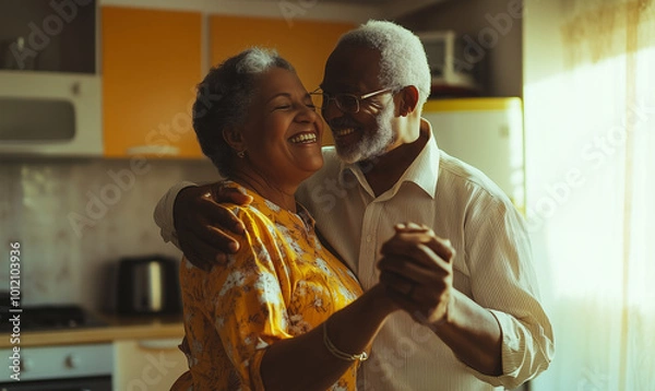 Obraz The eldery afro couple is dancing at home