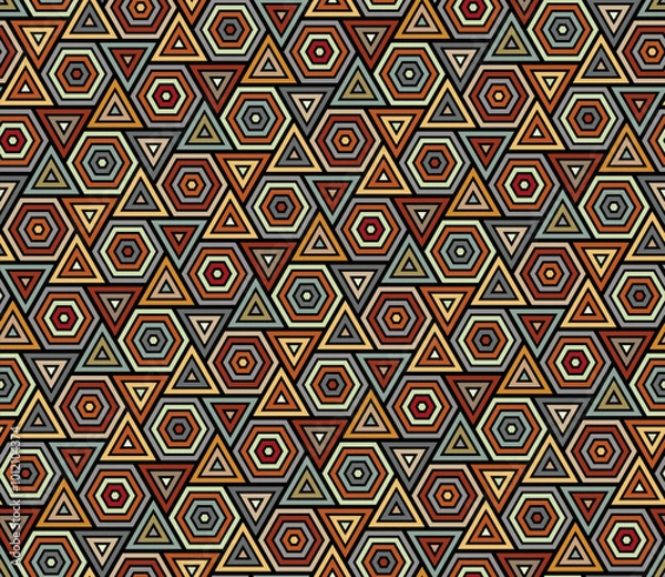 Fototapeta Abstract seamless geometric pattern with striped small hexagons and triangles. Ethnic style with gray, orange, yellow, and red lines on a black background. Vector illustration.