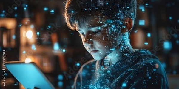 Fototapeta School kid working with tablet, digital hologram with face id and privacy, Generative AI