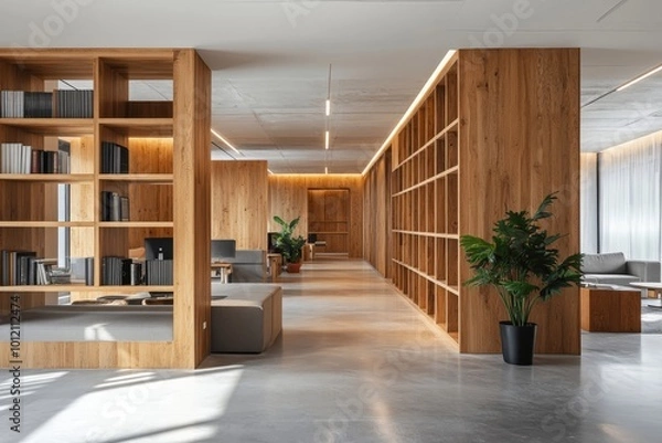 Fototapeta Wooden open space office interior with bookcase, Generative AI